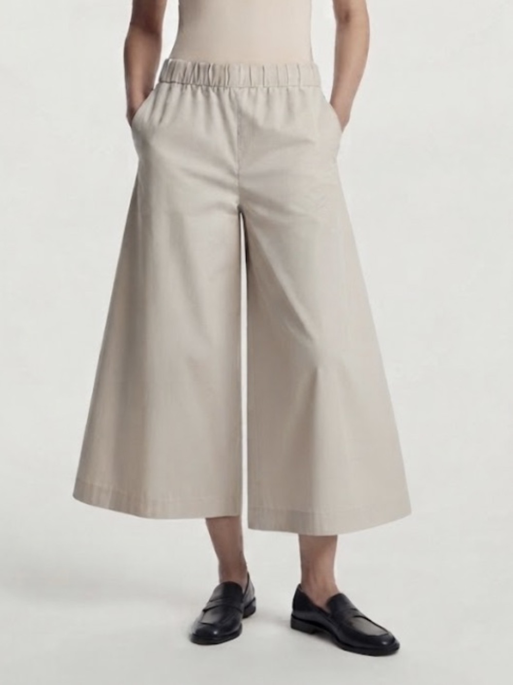 COS Wide Leg Culottes Cropped Elastic Waist Pants Stone Beige Cotton sz 10